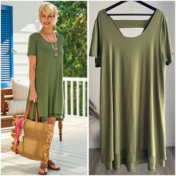 SOFT SURROUNDINGS Camille T-Shirt Dress In Loden Green 1X Peru Double Layered - Picture 1 of 5
